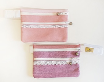 Waist bag, belt bag, felt & faux leather, pink with white lace, boho style Hip bag for girls