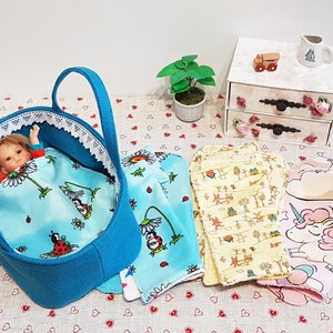 Dolls carry cot 23cm/9 for Paola Reina mini, dolls bedding set, dolls mattress, blanket and pillow, dolls carry basket image 1