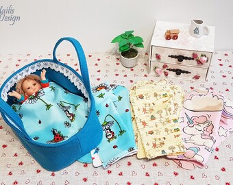 Dolls carry cot 23cm/9" for Paola Reina mini, dolls bedding set, dolls mattress, blanket and pillow, dolls carry basket