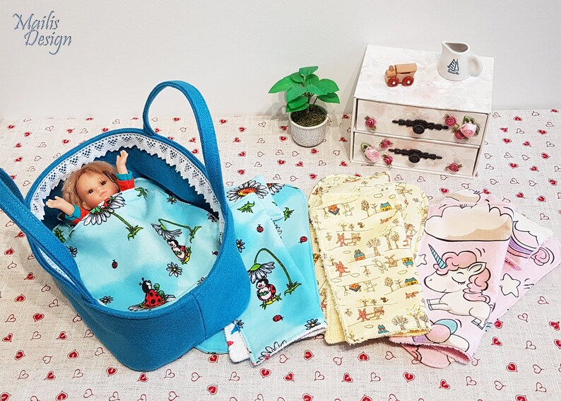 Dolls carry cot 23cm/9 for Paola Reina mini, dolls bedding set, dolls mattress, blanket and pillow, dolls carry basket image 1