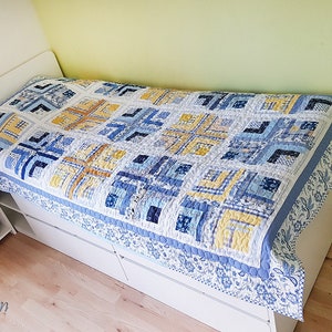 Full Size Patchwork Quilt, blue and yellow image 1