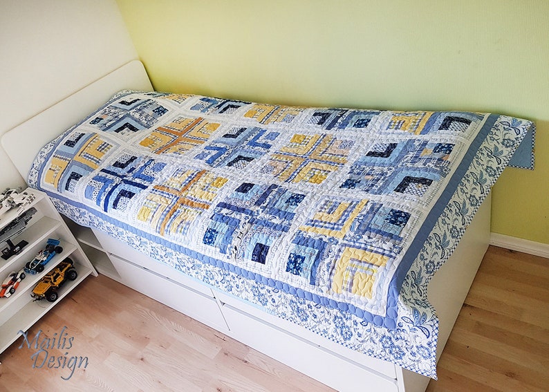 Full Size Patchwork Quilt, blue and yellow image 1