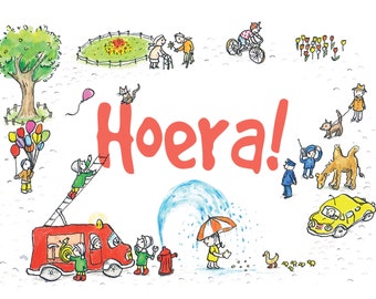 Hoera! - Verjaardagskaart - Uitnodiging Kinderfeestje- Wenskaart - Ansichtkaart - Felicitatiekaart
