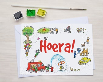Hoera! - Verjaardagskaart - Uitnodiging Kinderfeestje- Wenskaart - Ansichtkaart - Felicitatiekaart