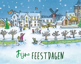 4 Nederlandse Kerstkaarten / Dorpje in de sneeuw / Ansichtkaarten set - illustratie door Marieke Coenen