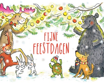 4 Kerstkaartjes / Nederlandse tekst / Dieren in de sneeuw / Ansichtkaarten set - illustratie door Marieke Coenen