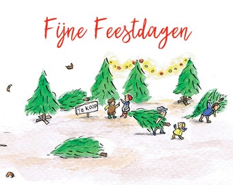 4 Grappige Kerstkaartjes / Nederlandse tekst / Kerstbomen en mensen - illustratie door Marieke Coenen