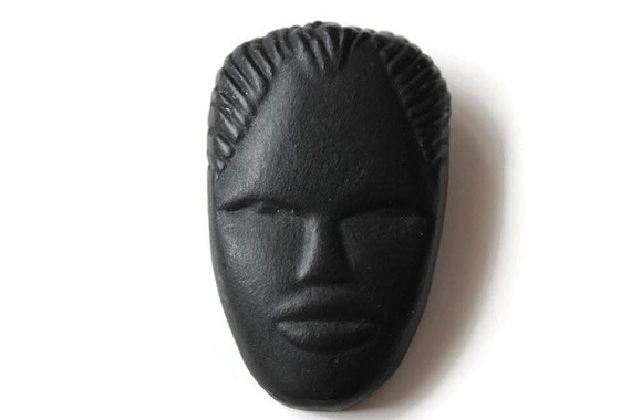 Art Deco Stylized Face Brooch - Matte Black Ceram… - image 3