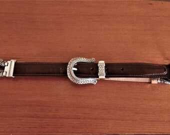 1996 Brighton Dark Brown Leather Belt - Ornate Silver Tone  display picture 1