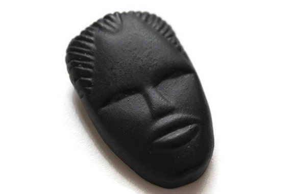 Art Deco Stylized Face Brooch - Matte Black Ceram… - image 1