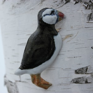 Vintage Standing Puffin Brooch - Handmade Pottery Pin