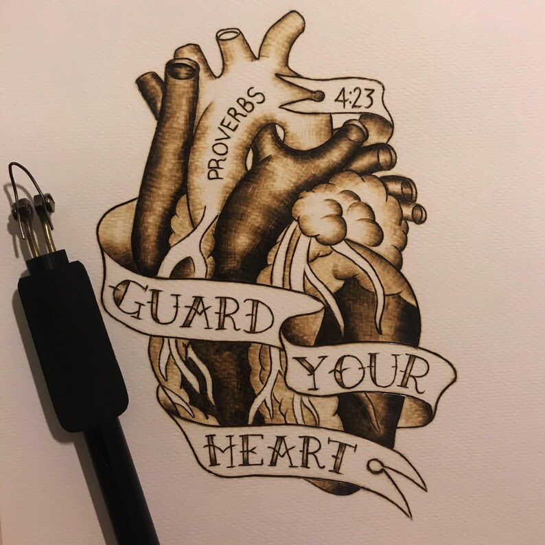 Guard your heart / anatomical heart / tattoo art / pyrography Etsy