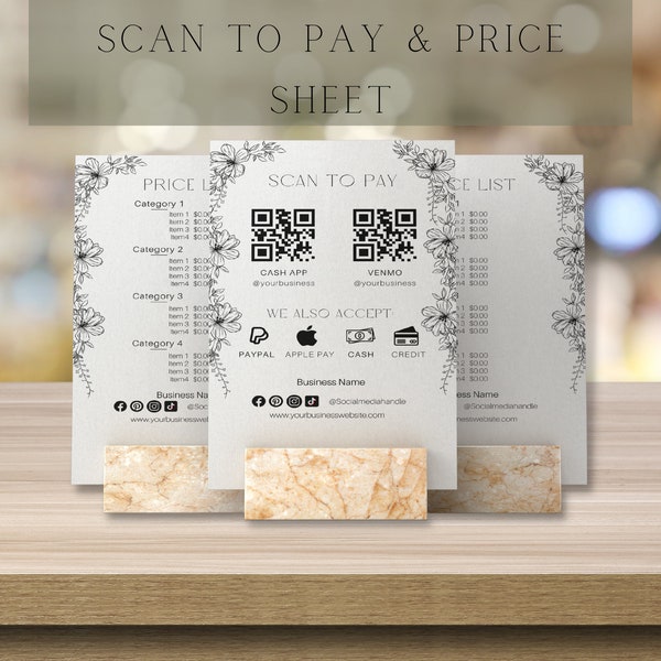 Floral Price List And Scan To Pay Table Top Signs,  Craft Show Table Top, QR Payment Sign,  Salon Store Front Signs, Social Media Sign A1