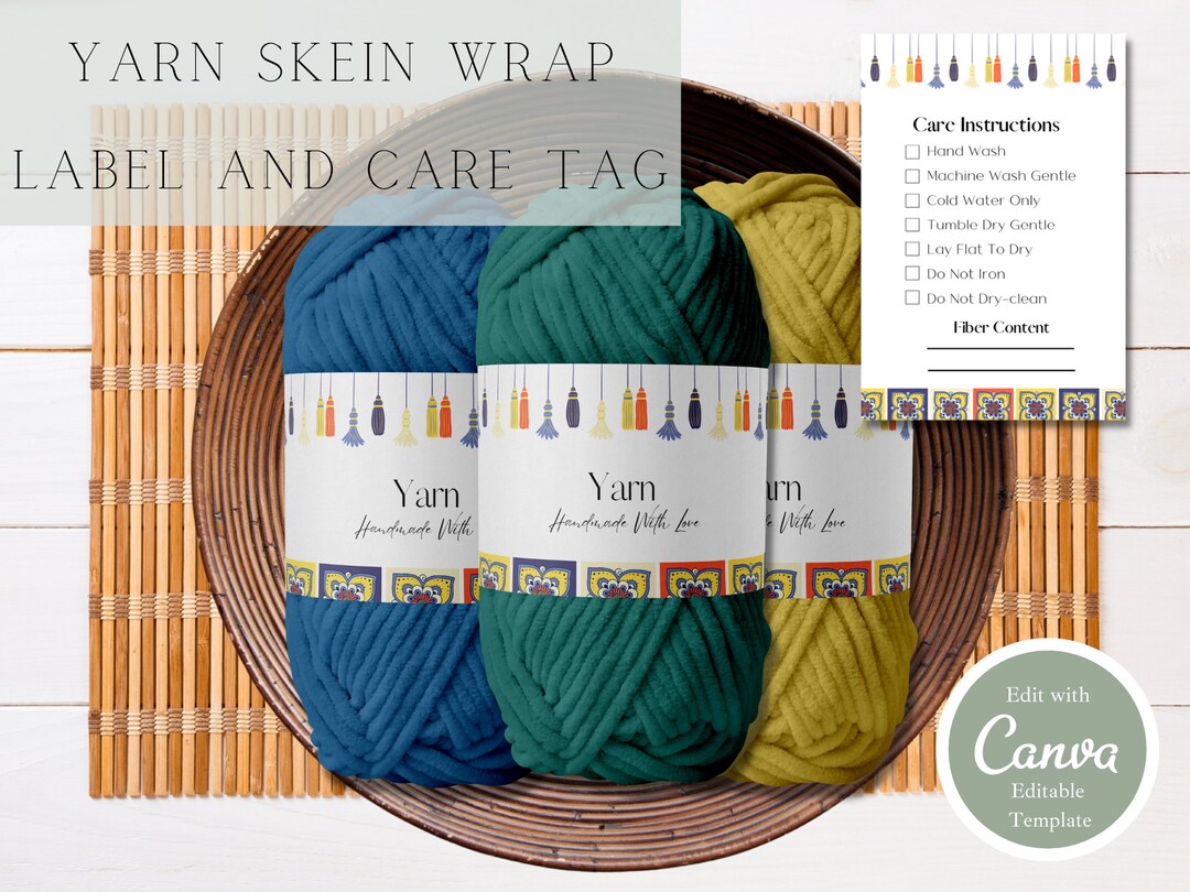 Printable Tassels and Tiles Yarn Skein Wrap Label Template, Yarn Care