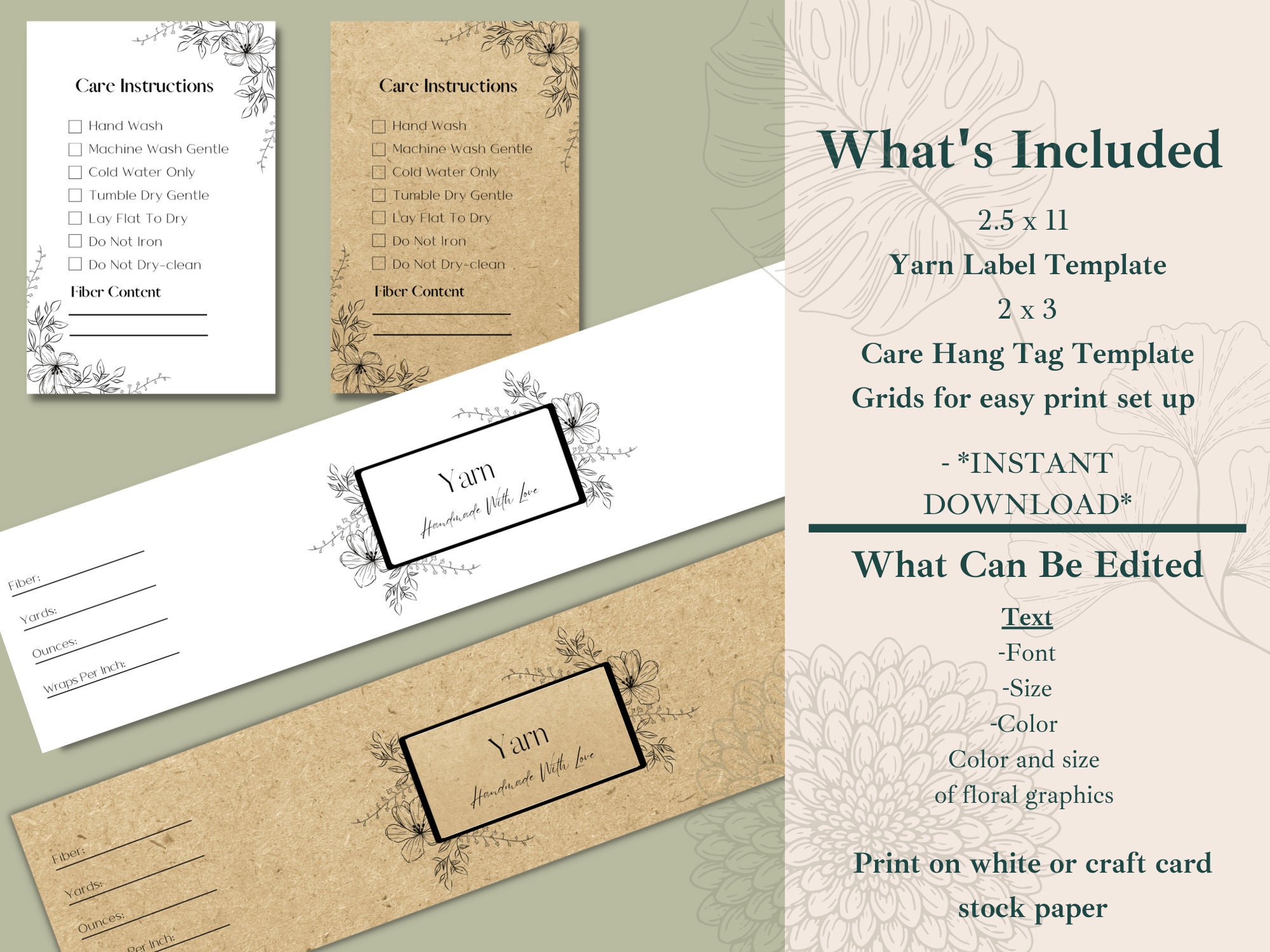 Printable Floral Yarn Skein Wrap Label Template, Yarn Care Tag, Hand