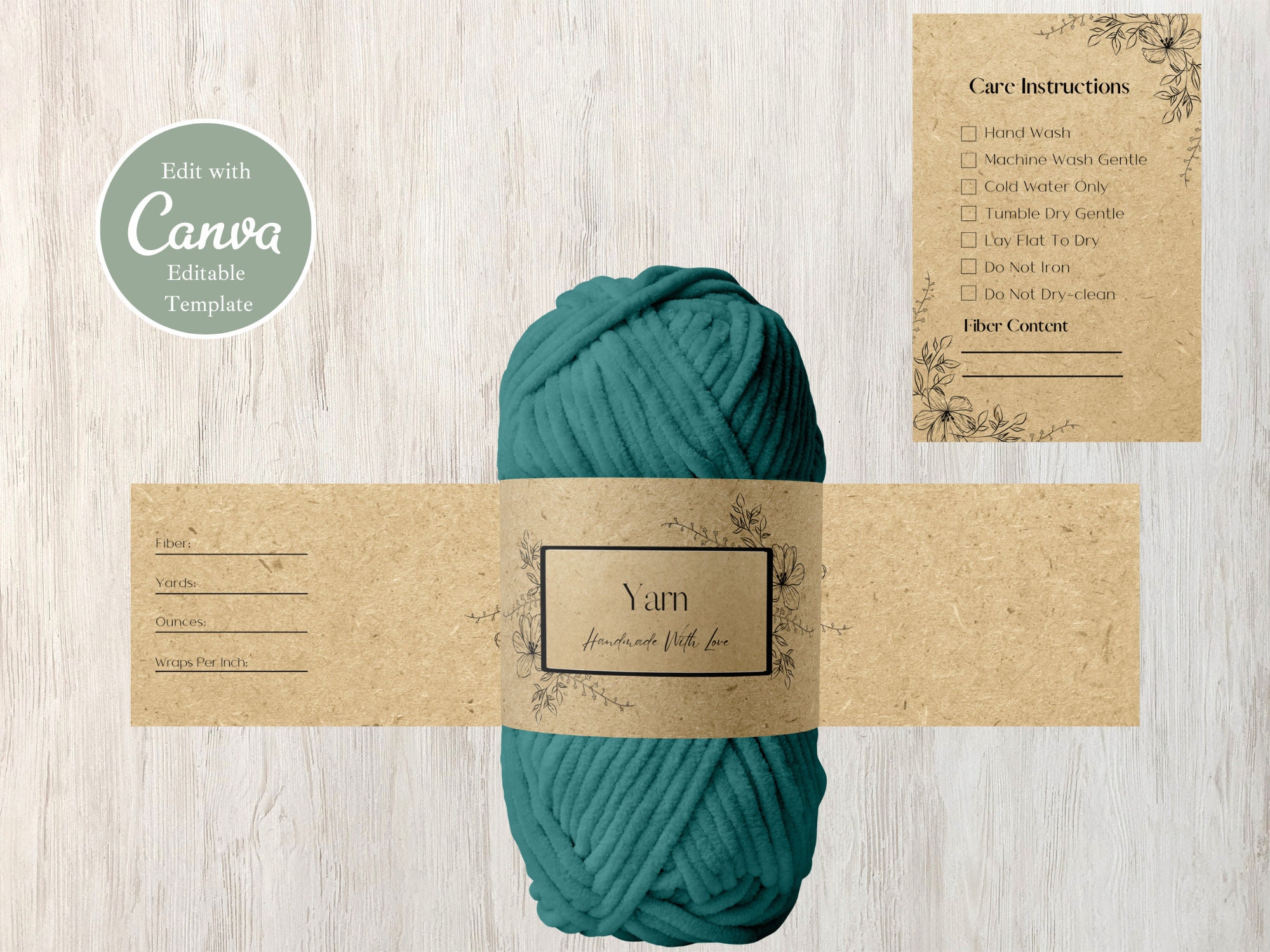 Printable Floral Yarn Skein Wrap Label Template, Yarn Care Tag, Hand