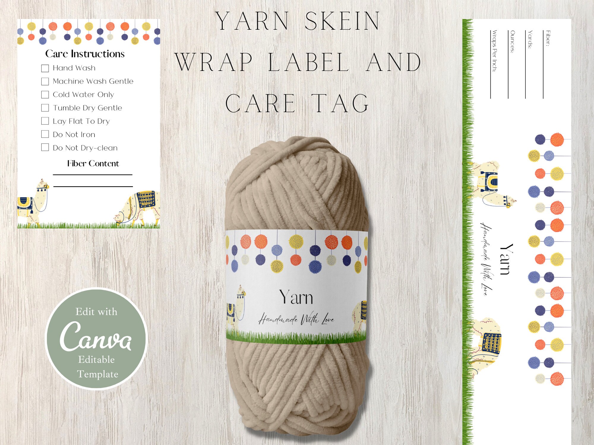 Printable Pom Poms and Llama Yarn Skein Wrap Label Template, Yarn Care
