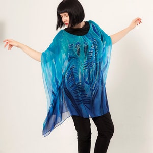 Batik Blouse Hand Painted Blue Silk Blouse Natural Silk Blouse Tunic Handmade Nature Flowers Soft silk  Party fashion Ready to ship
