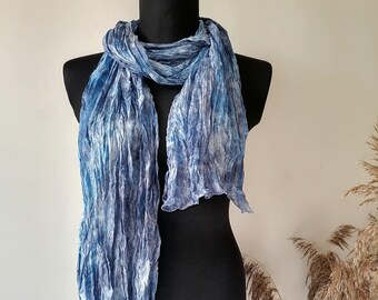 Silk scarf Gray and Blue Long travel scarves Ruffled scarves Hand painted Silk  Batik silk Shibori Silk accessory Soft silk Gift idea