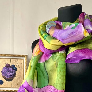 Made To Order Iris Silk Shawl Hand painted Purple Pink Green Scarf Beautiful floral scarf Women Silk Shawl Wedding Birthday Gift for mom