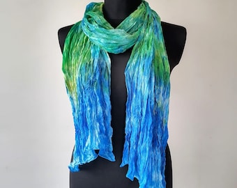 Blue and green silk scarf Long silk scarf Travel scarves Ruffled scarves Hand dyed scarf Hand painted Silk Batik silk Shibori Soft Gift idea