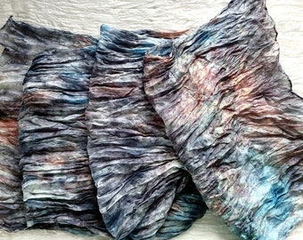 Silk scarf Gray Brown Blue Long travel scarves Ruffled scarves Hand painted Silk  Batik silk Shibori Silk accessory Soft silk Gift idea