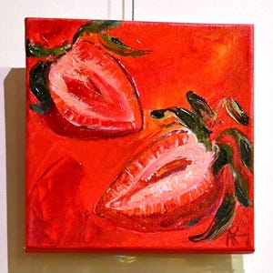 Strawberry Painting Strawberry Acrylic painting Small painting Miniature artwork Kitchen Wall Gift for her
