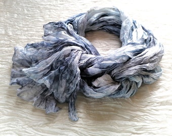 Dove gray silk scarf Long travel scarves Ruffled scarves Hand dyed scarf Hand painted Silk Batik silk Shibori Silk accessory Soft Gift idea