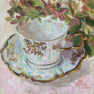 Porcelain Cup Painting Original Acrylic Painting Still Life Small painting Miniature artwork Kitchen Wall Cafe decor