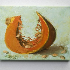 Orange Pumpkin Painting Small oil painting Food painting Original Oil Painting Brush and Palette Knife Home decor Gift ideas Kitchen