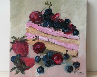 Gâteau aux baies Peinture pour gâteau Gâteau à la crème et aux fraises Dessert Cake Art Nourriture Peinture acrylique Petit tableau Oeuvre d'art miniature Idée cadeau