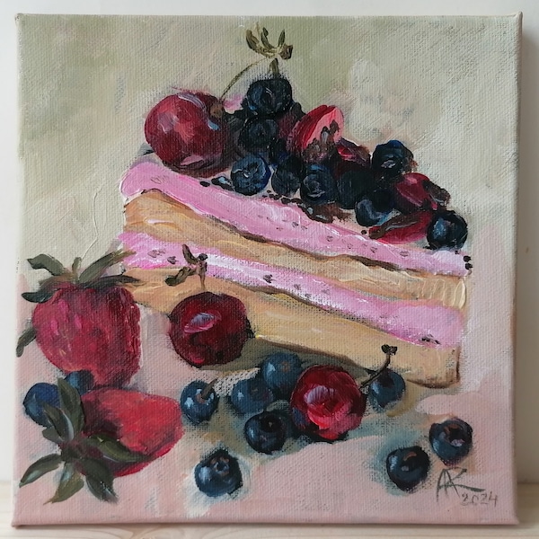 Berry cake Cake Painting Strawberry cream cake Dessert Cake Art Food Acrylic painting Small painting Miniature artwork Gift idea