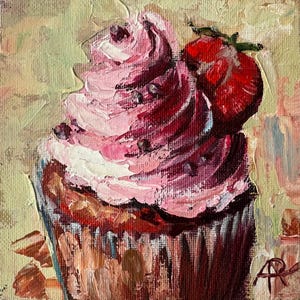 Pintura de cupcakes rosas Arte de comida Pintura acrílica original Naturaleza muerta Pintura pequeña Obra de arte en miniatura Decoración de pared de cocina Pastelería