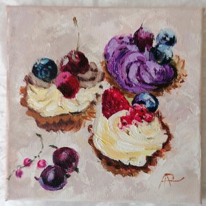 Cupcake Painting Art Food Original Acrylic Painting Still Life Small painting Miniature artwork Kitchen Wall Gift for her Pastry decor