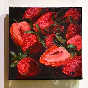 Strawberry Painting Strawberry Acrylic painting Small painting Miniature artwork Kitchen Wall Gift for her