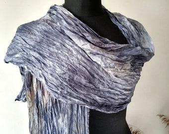 Gray Brown Silk scarf Long travel scarves Ruffled scarves Hand painted Silk  Batik silk Shibori Silk accessory Soft silk Gift idea