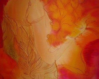 Pintura sobre seda Obra de arte original Mujer Beso Amor Fragancia Regalo exclusivo Seda pintada a mano 33 pulg. X 33 pulg.
