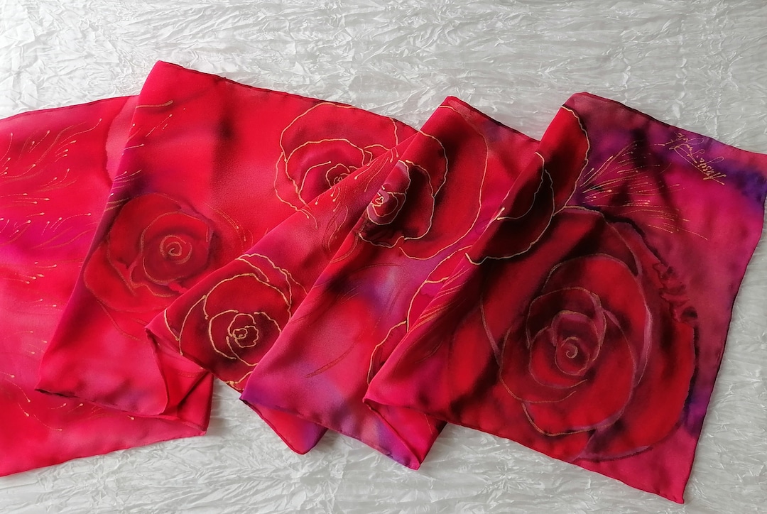Silk Scarf Red Roses and Gold Accents Hand Painted Silk Crepe Etsy