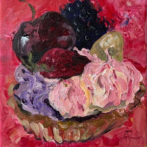 Pink Cupcake Painting Art Food Original Acrylic Painting Still Life Small painting Miniature artwork Kitchen Wall Pastry decor