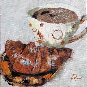 Coffee and Croissant Painting Art Food Original Acrylic Painting Still Life Small painting Miniature artwork Kitchen Wall Pastry decor