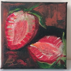 Strawberry Painting Strawberry Acrylic painting Small painting Miniature artwork Kitchen Wall Gift for her