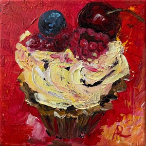 Cupcake Painting Art Food Original Acrylic Painting Still Life Small painting Miniature artwork Kitchen Wall Pastry decor
