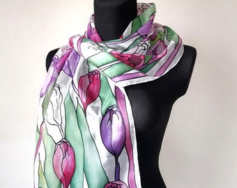 Tulips Silk scarf Hand painted flowers silk scarf Flowers scarf Birthday Gift for mom