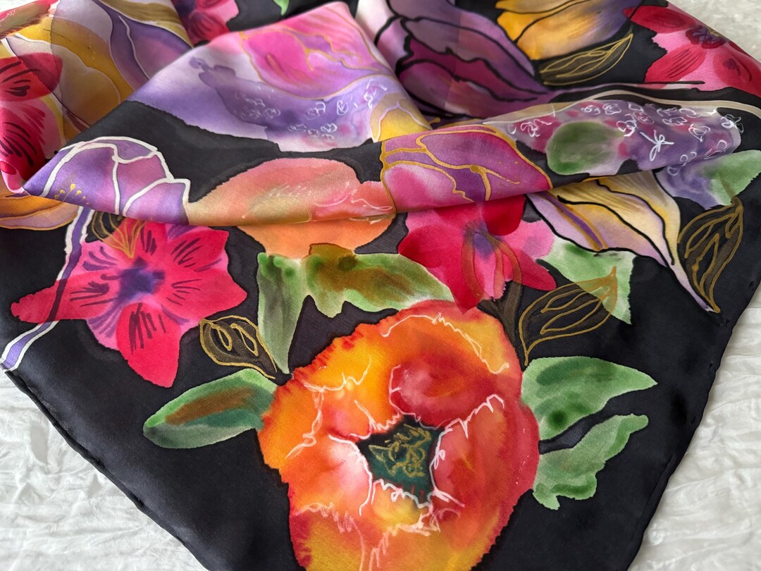 Vintage Hand Painted Silk Scarf Violet Green Abstract Floral Large Square Neck Head