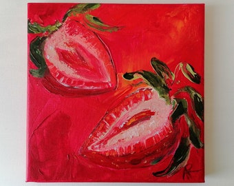 Tableau fraise Tableau acrylique fraise Petit tableau Oeuvre d'art miniature Cuisine murale Cadeau pour elle