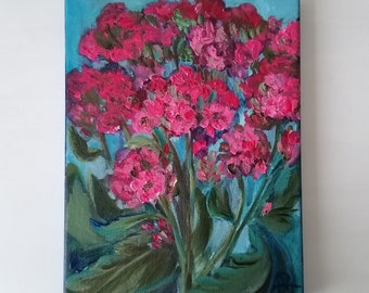 Fleurs roses et ciel bleu Peinture acrylique originale sur toile Idées cadeaux