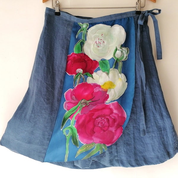 Poppy skirt Wrap linen skirt Hand painted silk skirt Boho skirt Midi wrap skirt Ready to ship Washed Linen Skirt  Soft linen skirt