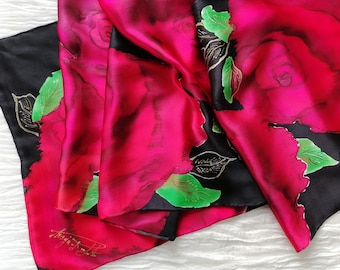 Hand painted Silk Shawl Roses scarf Gold and silver accents Silk Scarf Luxury scarves Scarf for Ladies Wedding Birthday gifts MADE TO ORDER