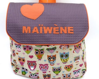 Personalized children's backpack or nursery school bag with owl, owl, forest theme, pink, green, purple, blue made in France