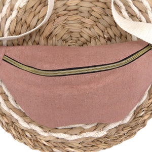 Natural linen banana bag, handmade, for right or left handed, cork, pink, powder pink
